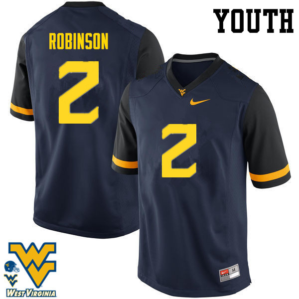 Youth #2 Kenny Robinson West Virginia Mountaineers College Football Jerseys-Navy - Click Image to Close